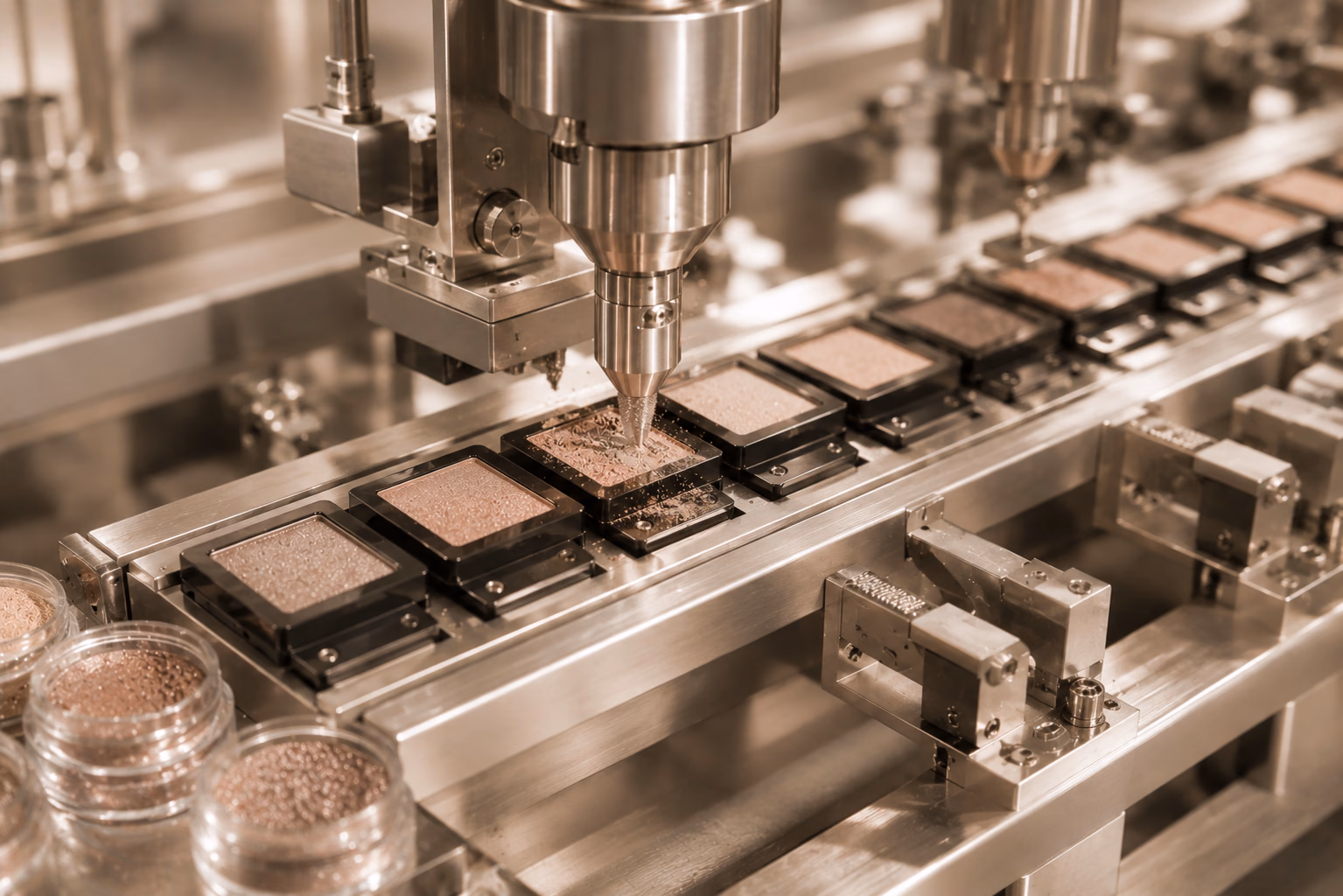 Cosmetic compacts on a production line.
