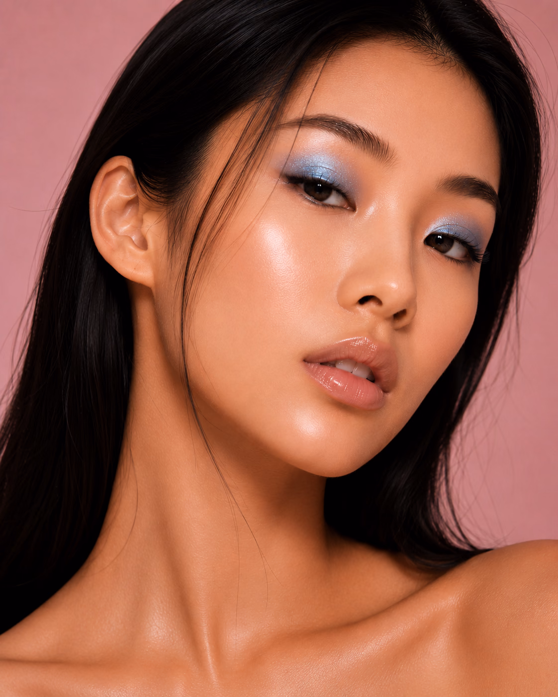 Model with blue eye makeup and straight dark hair.