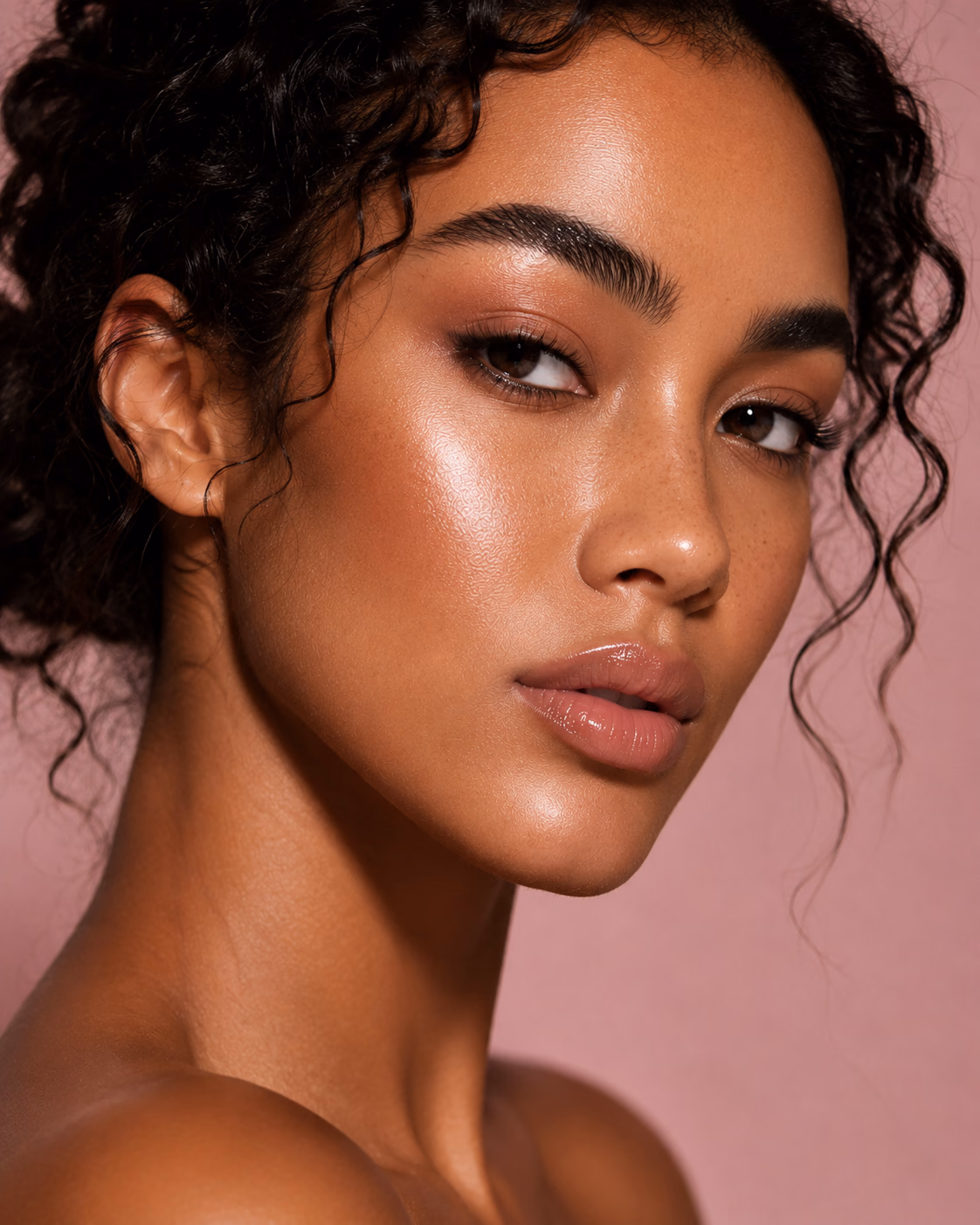 Model with dewy neutral makeup and curly hair.