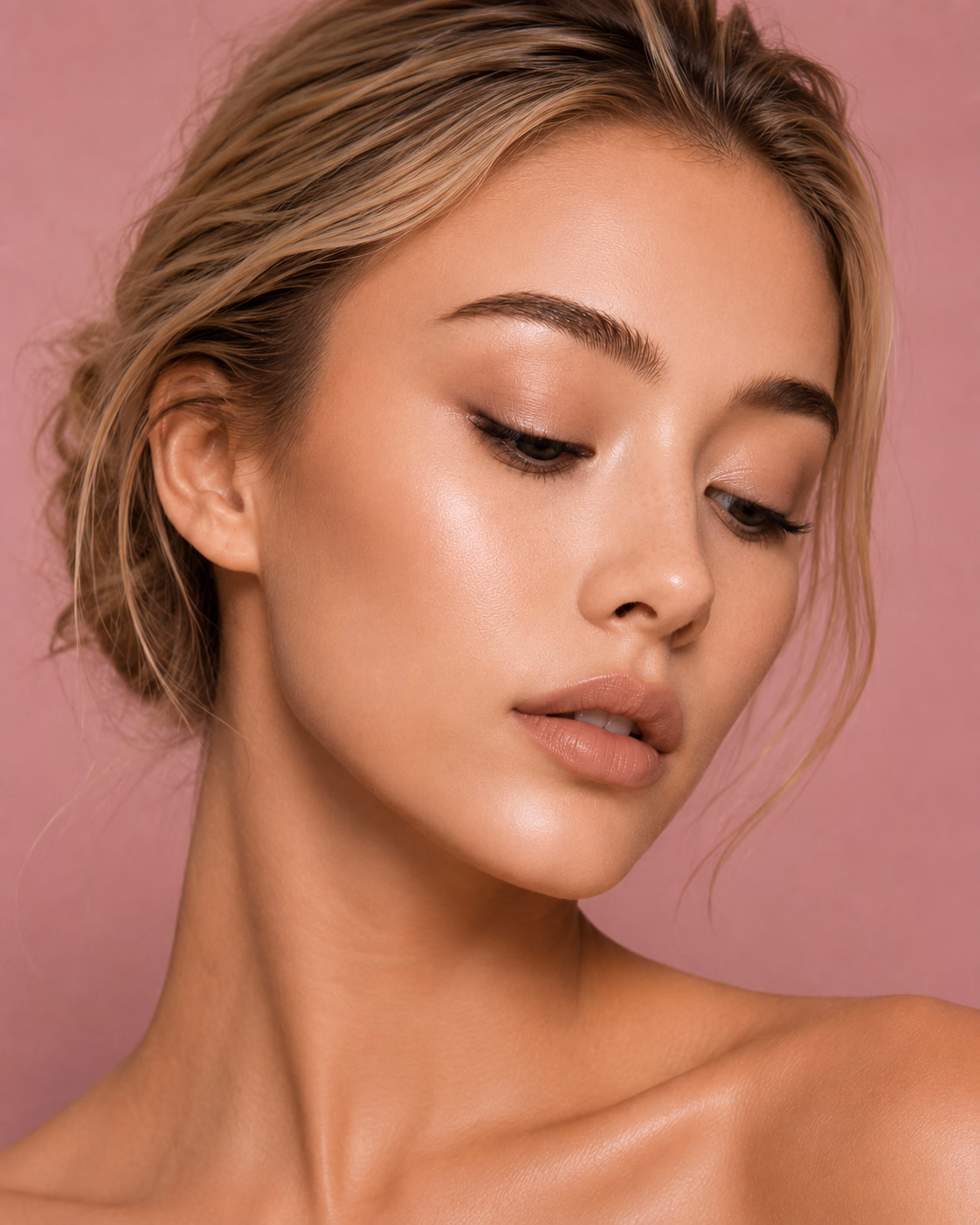 Model with natural makeup and blonde hair in an updo.