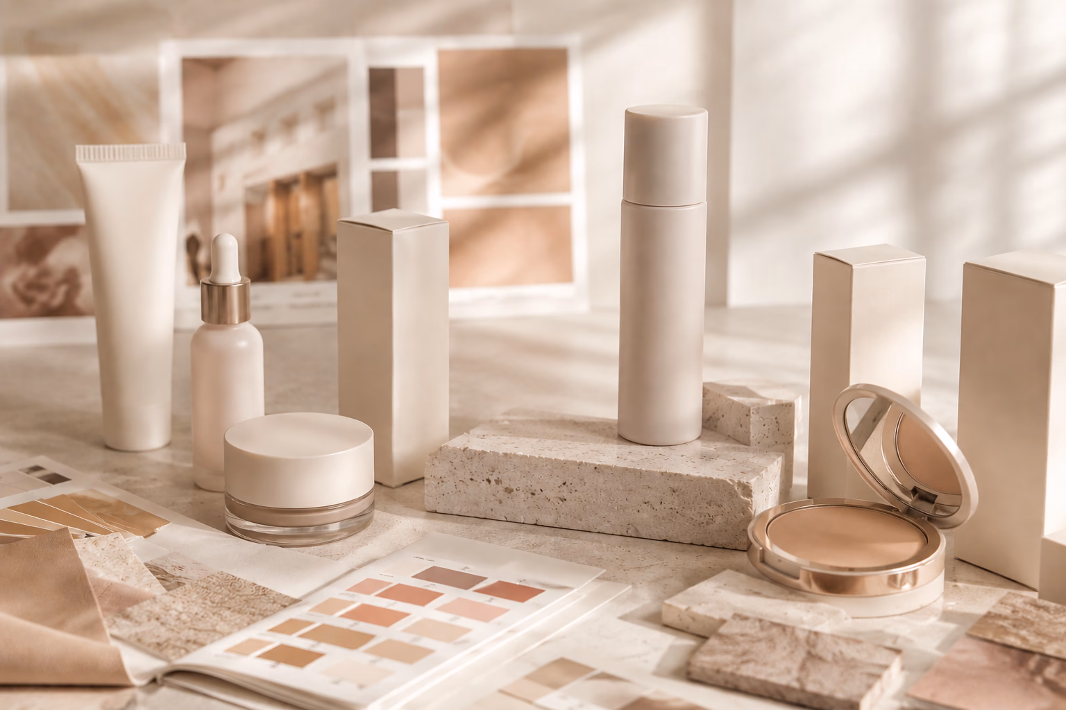 Neutral cosmetic packaging arranged as a moodboard.